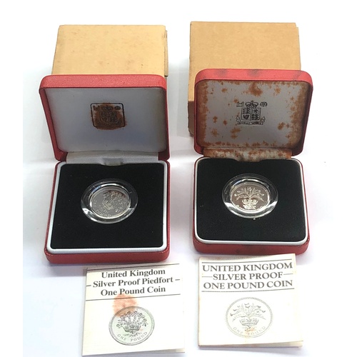 313 - 2 Royal Mint sterling silver proof Piedfort one pound coins 1984 and 1986 original box and packaging