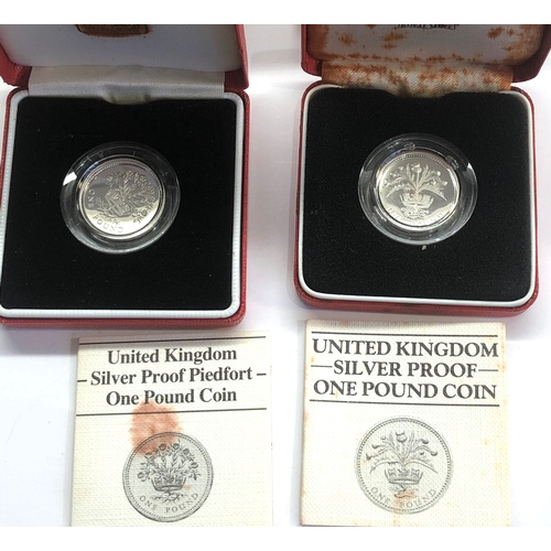 313 - 2 Royal Mint sterling silver proof Piedfort one pound coins 1984 and 1986 original box and packaging