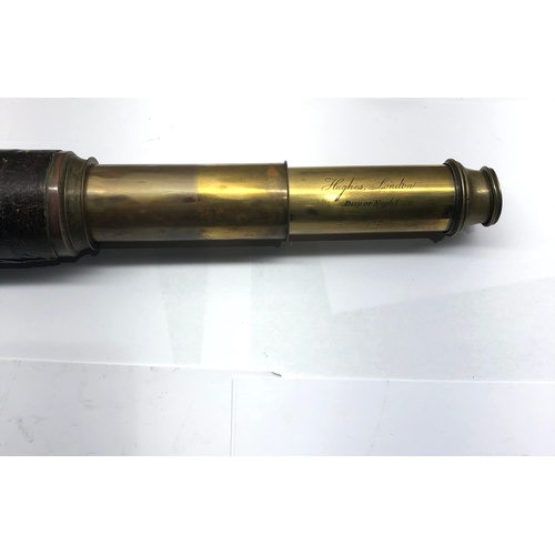 369 - Large antique brass telescope Hughes London day or night 3 sections measures when open 90cm long