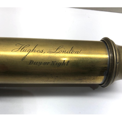 369 - Large antique brass telescope Hughes London day or night 3 sections measures when open 90cm long