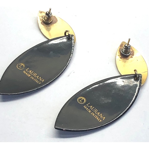 116 - Laurana Enamelled gold plated abstract black dangling earrings 80’s 75mm drop