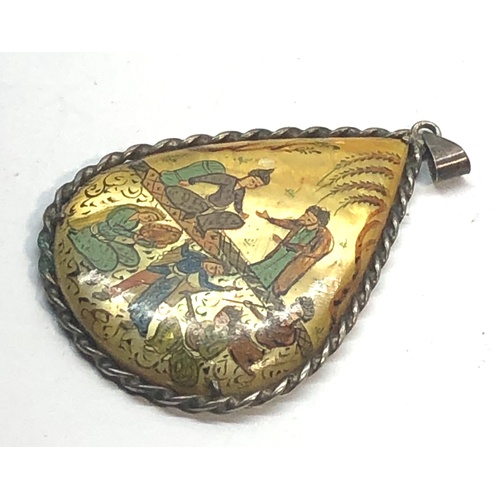 132 - Islamic scene mother of pearl painted silver mounted pendant