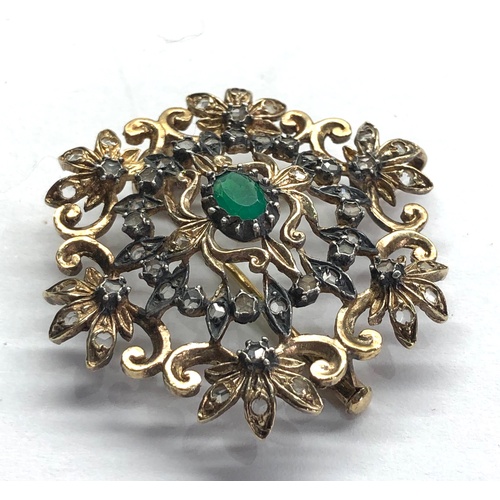 162 - Emerald and rose diamond pendant brooch central emerald measures approx 6mm by 4mm brooch measures a... 