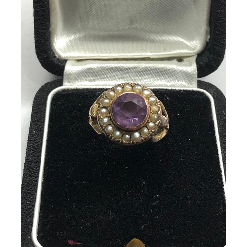 180 - Antique Amethyst and seed-pearl gold ring