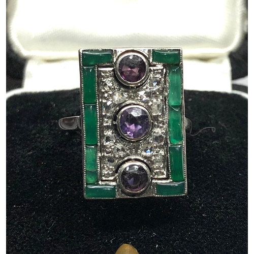 188 - Art deco platinum emerald diamond and amethyst ring