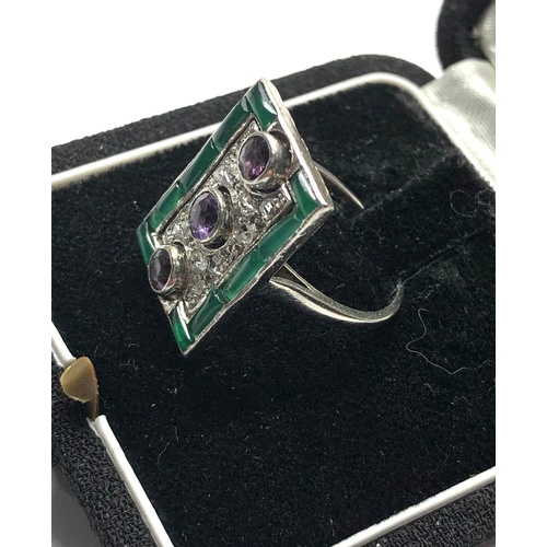 188 - Art deco platinum emerald diamond and amethyst ring