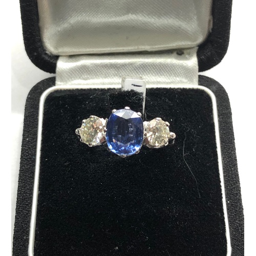 189 - Fine sapphire and diamond ring central sapphire 2.30ct with 2 diamonds 1.1ct set in platinum