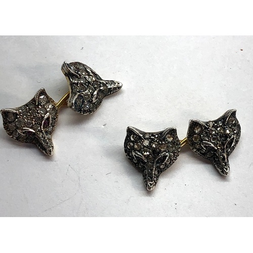 194 - Silver and gold back rose diamond fox head cufflinks set with ruby eyes