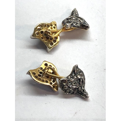 194 - Silver and gold back rose diamond fox head cufflinks set with ruby eyes