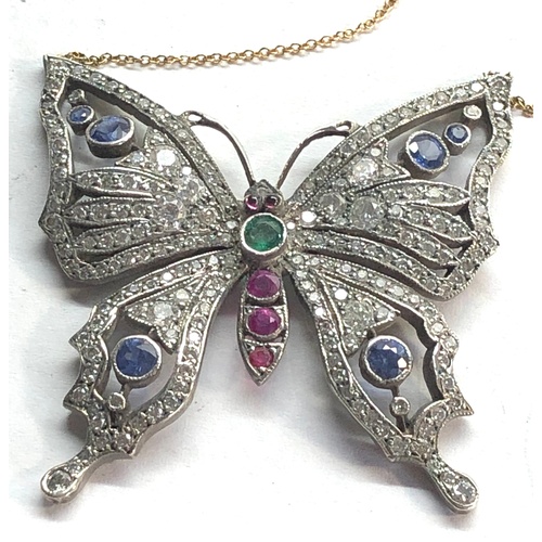 195 - Large diamond emerald ruby and sapphire stone set butterfly pendant measures approx 45mm by 46mm and... 