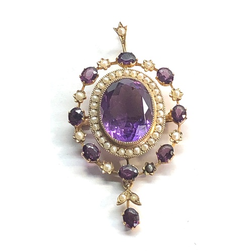 197 - Fine large gold victorian Amethyst and seed-pearl pendant set with large centre stone that measures ... 