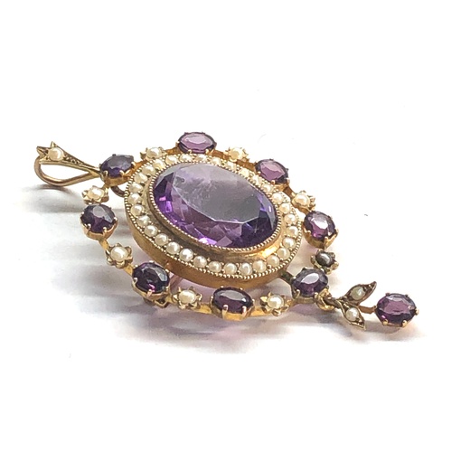 197 - Fine large gold victorian Amethyst and seed-pearl pendant set with large centre stone that measures ... 