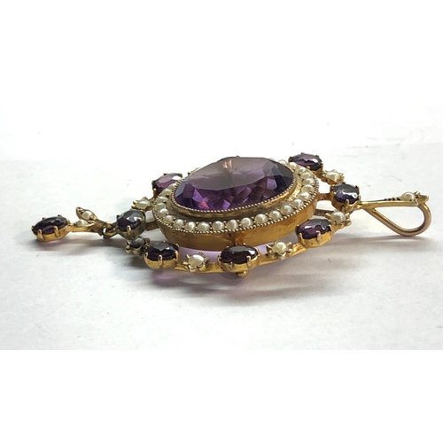 197 - Fine large gold victorian Amethyst and seed-pearl pendant set with large centre stone that measures ... 