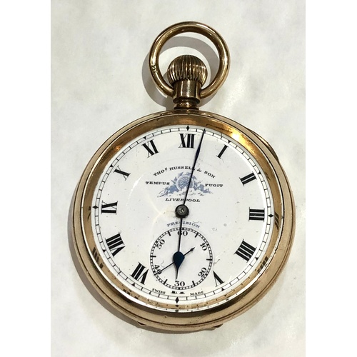 220 - Thos Russell & sons open face pocket watch gold plated case movement reads Thoms Russell & sons Live... 