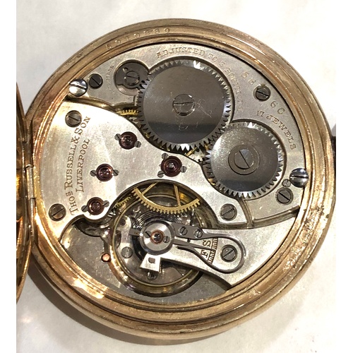 220 - Thos Russell & sons open face pocket watch gold plated case movement reads Thoms Russell & sons Live... 