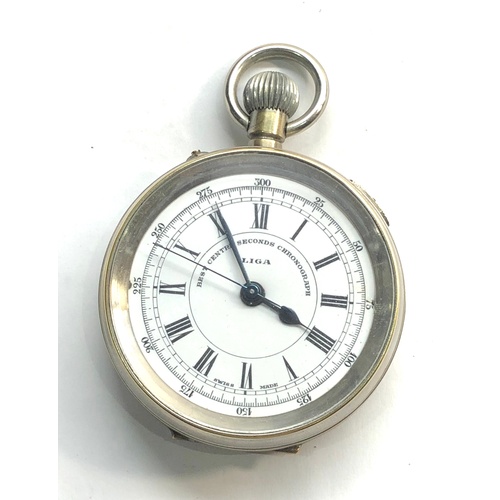 222 - Liga centre second chronograph pocket watch metal cased white dial and metal cased winds and tick di... 