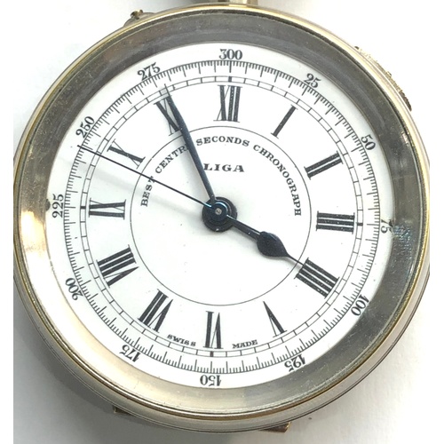 222 - Liga centre second chronograph pocket watch metal cased white dial and metal cased winds and tick di... 