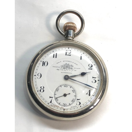 225 - Tho,s Russell & sons Liverpool pocket watch metal case in good condition watch winds and ticks but n... 