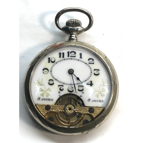 230 - 8 day open faced pocket watch watch winds and ticks good condition measure approx 49mm dia metal cas... 