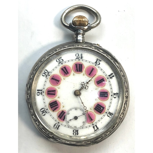 235 - Antique goliath size silver pocket watch coloured enamel dial case measures approx 61mm dia watch wi... 