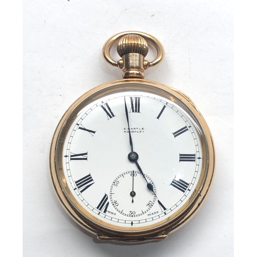 237 - Ppen faced gold plated pocket watch E.Bartle Keighley watch winds and ticks