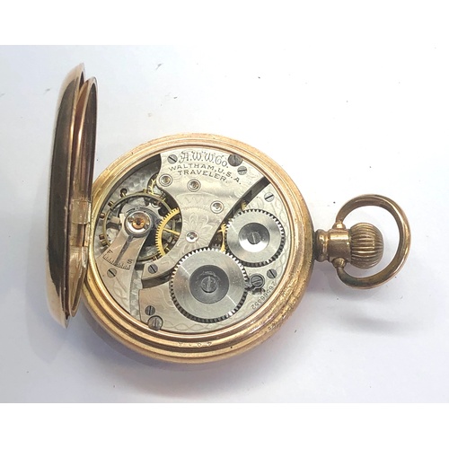 240 - Waltham traveller full hunter pocket watch gold plated