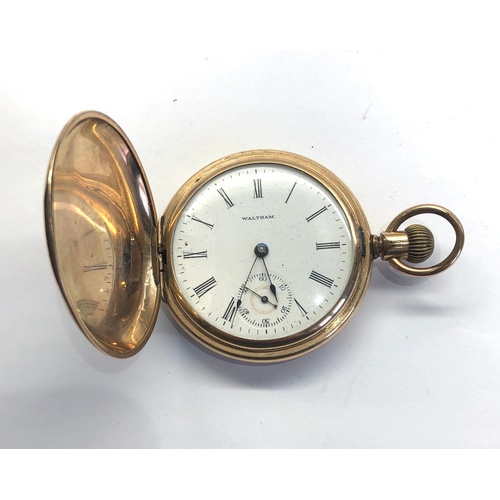 246 - Waltham rolled gold full hunter pocket watch winds and ticks