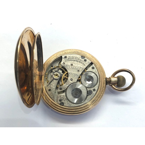 246 - Waltham rolled gold full hunter pocket watch winds and ticks