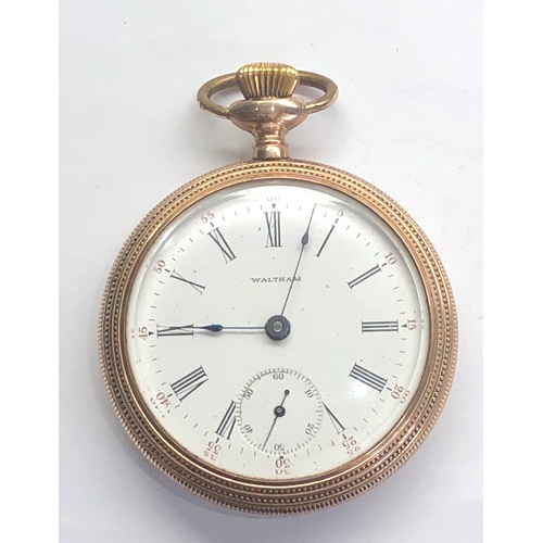 247 - Antique Waltham gold plated open face pocket watch screw front and back dial signed Waltham