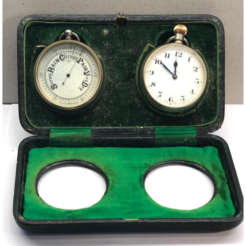 248 - Cased goliath 8 day pocket watch and combined barometer case has fitted thermometer watch winds and ... 