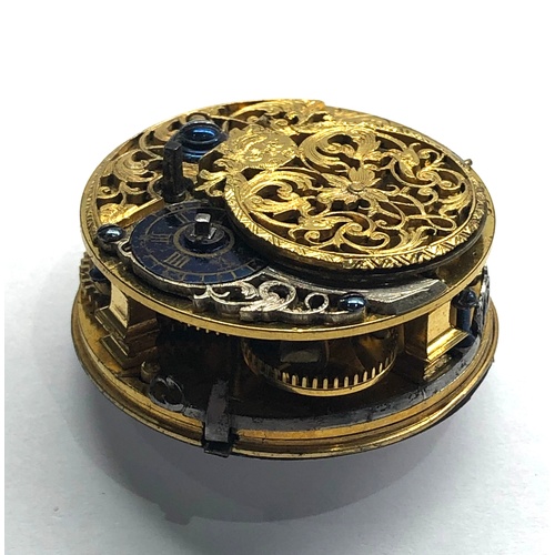 255 - Early 18th century verge pocket watch movement by WM Fand London high grade carved balance cox with ... 