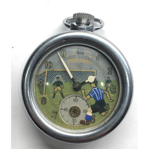 257 - Vintage Ingersoll automated football pocket watch complete with original outer case watch winds and ... 