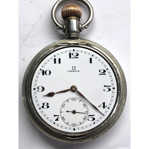 258 - Vintage military type Omega pocket watch screw  front with nickel omega case measures approx 53mm di... 