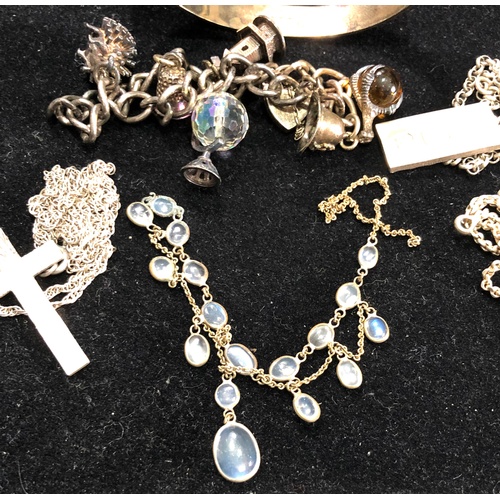 91 - Collection of vintage silver jewellery includes bracelet moonstone necklace charm bracelet etc