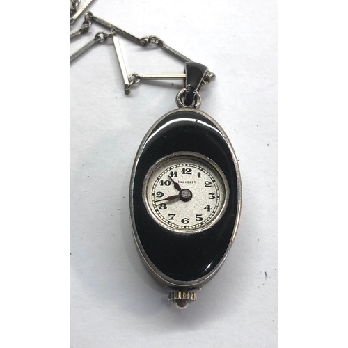 290 - Vintage silver and enamel pendant watch black enamel with marcasite border named Bucherer with chain