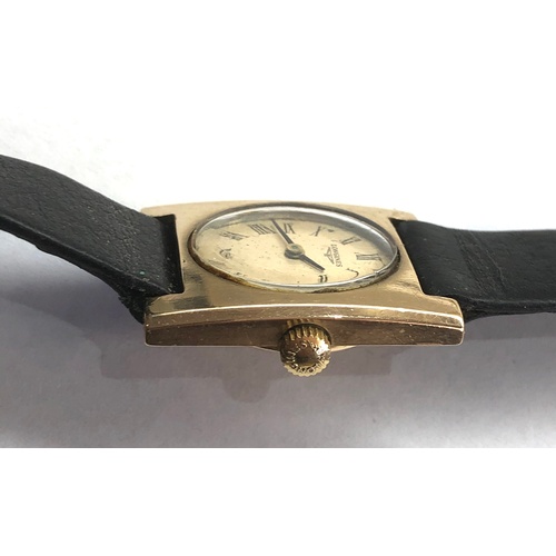 292 - Ladies 9ct gold Longines wristwatch fully wound not working leather strap