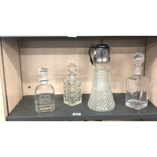 367 - Shelf of vintage glass decanters