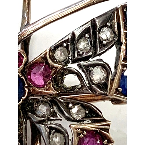 181 - Butterfly brooch, set with Rose diamonds, Ruby and Sapphire set in silver front, gold backed, 2 diam... 