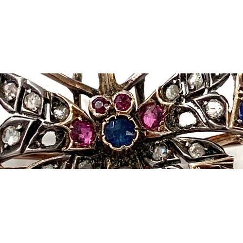 181 - Butterfly brooch, set with Rose diamonds, Ruby and Sapphire set in silver front, gold backed, 2 diam... 