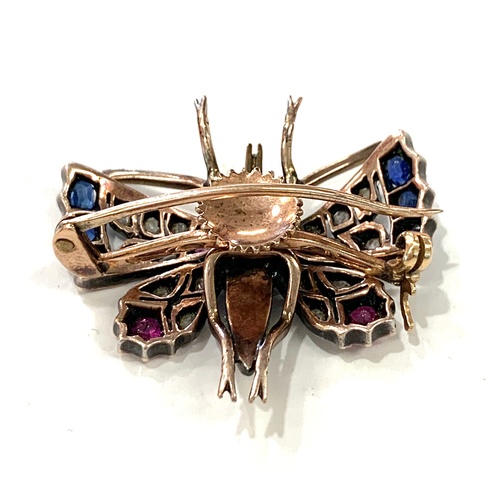 181 - Butterfly brooch, set with Rose diamonds, Ruby and Sapphire set in silver front, gold backed, 2 diam... 