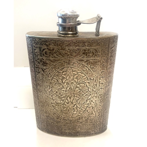 104 - Asian silver hip flask, does have a dent to the front, please view images, no hallmarks but does tes... 