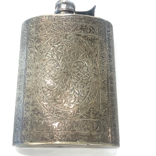 104 - Asian silver hip flask, does have a dent to the front, please view images, no hallmarks but does tes... 