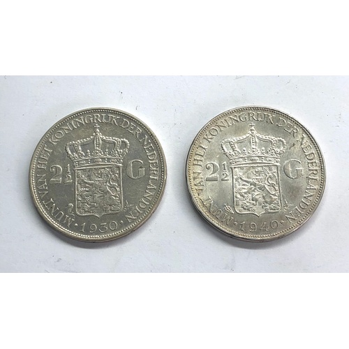 57 - 2 silver dutch 2 1/2 Gulden coins 1930 & 1940 weight 50.2g