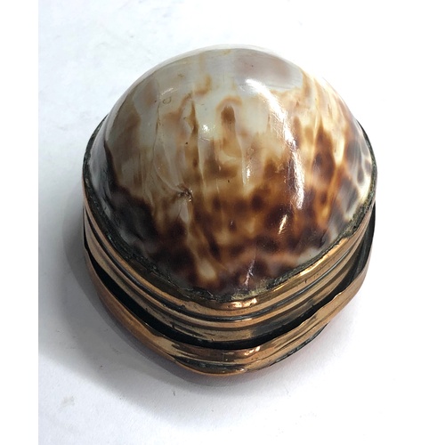 399 - Antique Georgian bronze mounted cowrie shell snuff box container measures approx 7.5cm by 6cm height... 