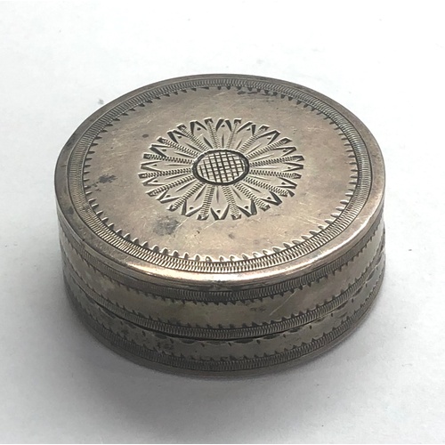 126 - Antique silver pill / patch box measures approx 4.4cm dia by 1.8cm continental silver hallmarks