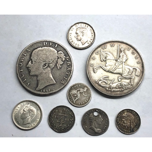 82 - selection of silver coins includes 1935 crown 1845 crown etc