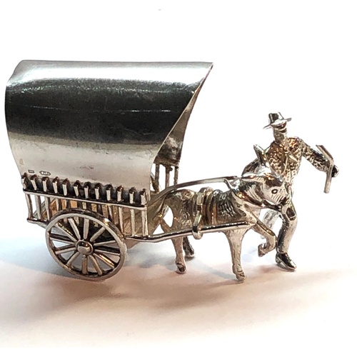 145 - Silver miniature man with donkey pulling a cart measures approx 5cm wide high small dutch silver hal... 