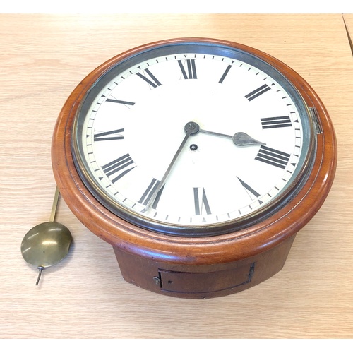 426 - Antique mahogany single fusee school / post office wall clock, untested complete with pendulum and k... 