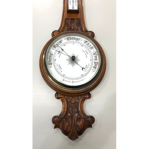 406 - Antique carved oak barometer, good overall condition, untested, no warranty given, measures approxim... 