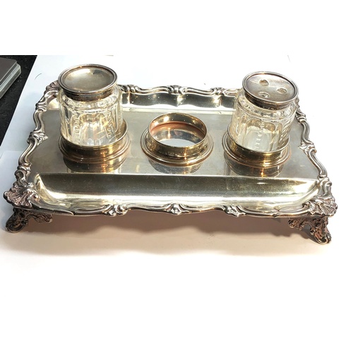 4 - Antique Victorian silver desk ink stand London silver hallmarks base measures approx 24cm by 17cm we... 